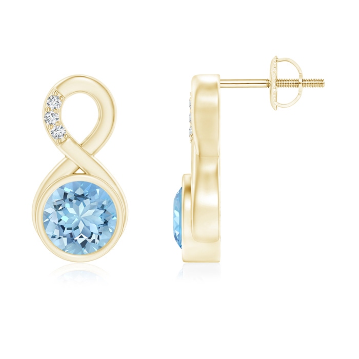 6mm AAAA Bezel-Set Aquamarine Infinity Stud Earrings with Diamonds in Yellow Gold 