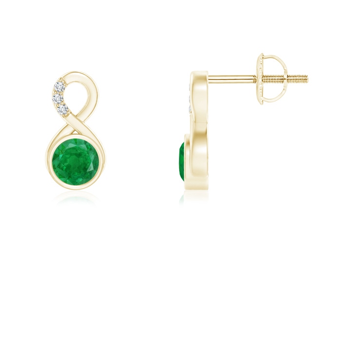 4mm AA Bezel-Set Emerald Infinity Stud Earrings with Diamonds in Yellow Gold 