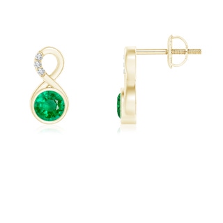 4mm AAA Bezel-Set Emerald Infinity Stud Earrings with Diamonds in Yellow Gold