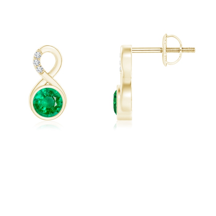 4mm AAA Bezel-Set Emerald Infinity Stud Earrings with Diamonds in Yellow Gold 