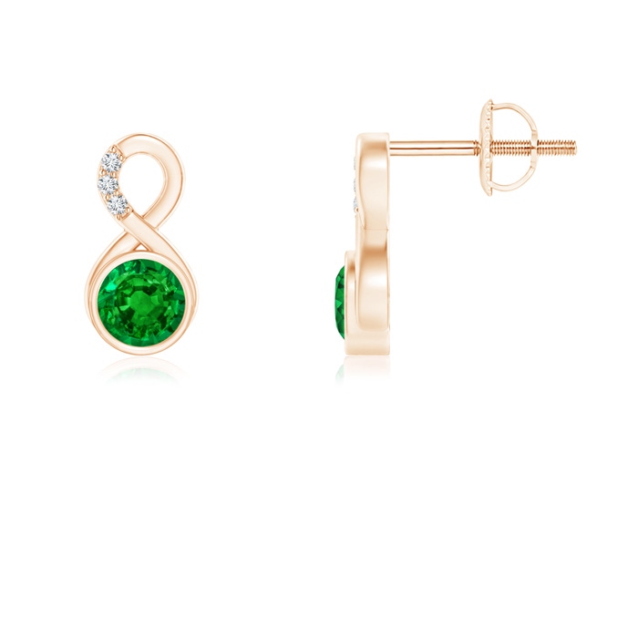 4mm AAAA Bezel-Set Emerald Infinity Stud Earrings with Diamonds in Rose Gold 
