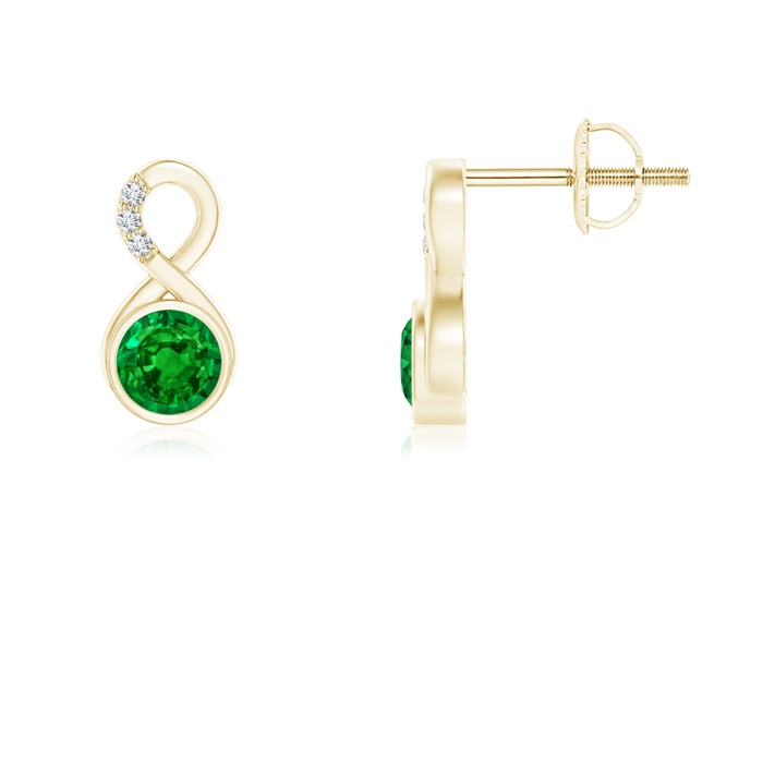 4mm AAAA Bezel-Set Emerald Infinity Stud Earrings with Diamonds in Yellow Gold 