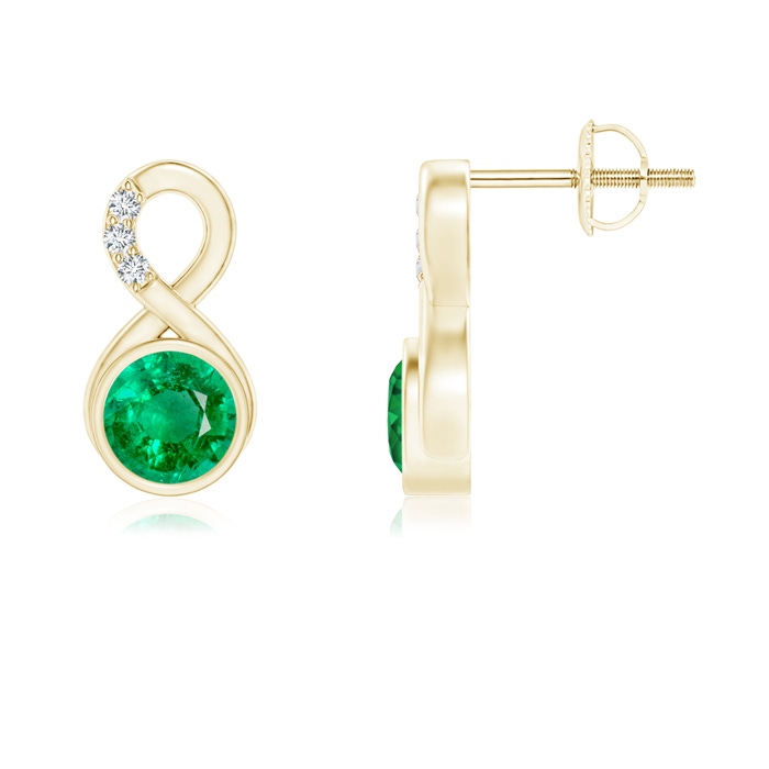 5mm AAA Bezel-Set Emerald Infinity Stud Earrings with Diamonds in Yellow Gold 