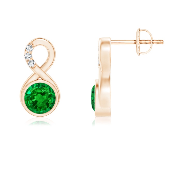5mm AAAA Bezel-Set Emerald Infinity Stud Earrings with Diamonds in Rose Gold 