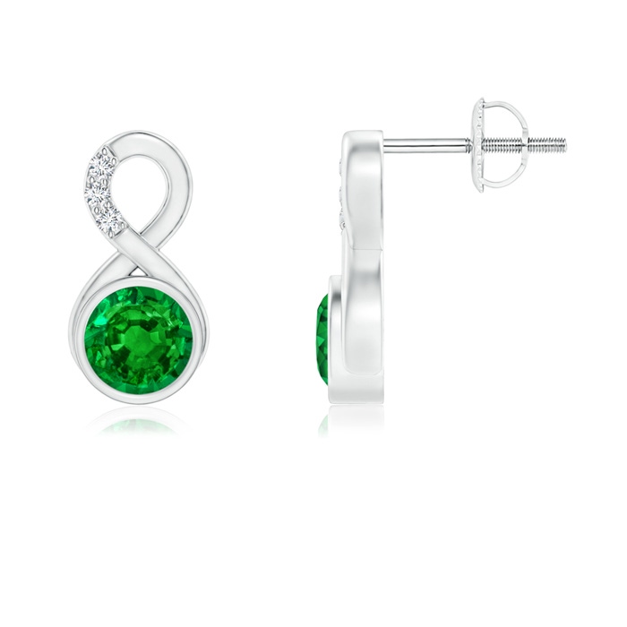 5mm AAAA Bezel-Set Emerald Infinity Stud Earrings with Diamonds in White Gold 