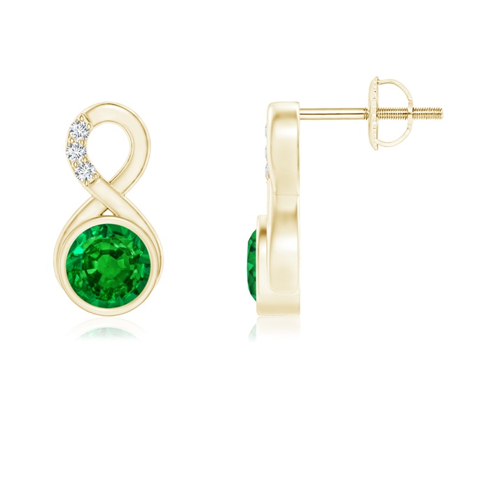 5mm AAAA Bezel-Set Emerald Infinity Stud Earrings with Diamonds in Yellow Gold 