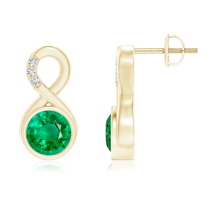 6mm AAA Bezel-Set Emerald Infinity Stud Earrings with Diamonds in Yellow Gold 