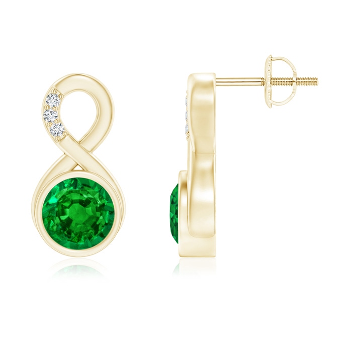 6mm AAAA Bezel-Set Emerald Infinity Stud Earrings with Diamonds in Yellow Gold 