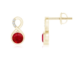 4mm AAA Bezel-Set Ruby Infinity Stud Earrings with Diamonds in Yellow Gold