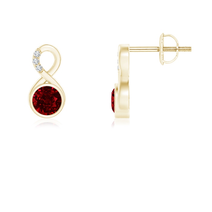4mm AAAA Bezel-Set Ruby Infinity Stud Earrings with Diamonds in Yellow Gold