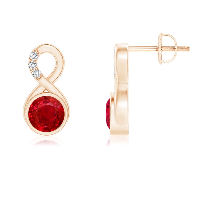 5mm AAA Bezel-Set Ruby Infinity Stud Earrings with Diamonds in Rose Gold