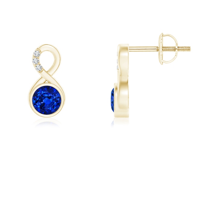 4mm AAAA Bezel-Set Sapphire Infinity Stud Earrings with Diamonds in Yellow Gold 