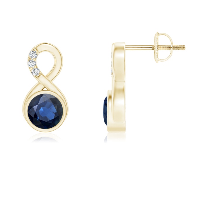 5mm AA Bezel-Set Sapphire Infinity Stud Earrings with Diamonds in Yellow Gold 