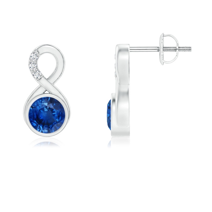 5mm AAA Bezel-Set Sapphire Infinity Stud Earrings with Diamonds in White Gold 