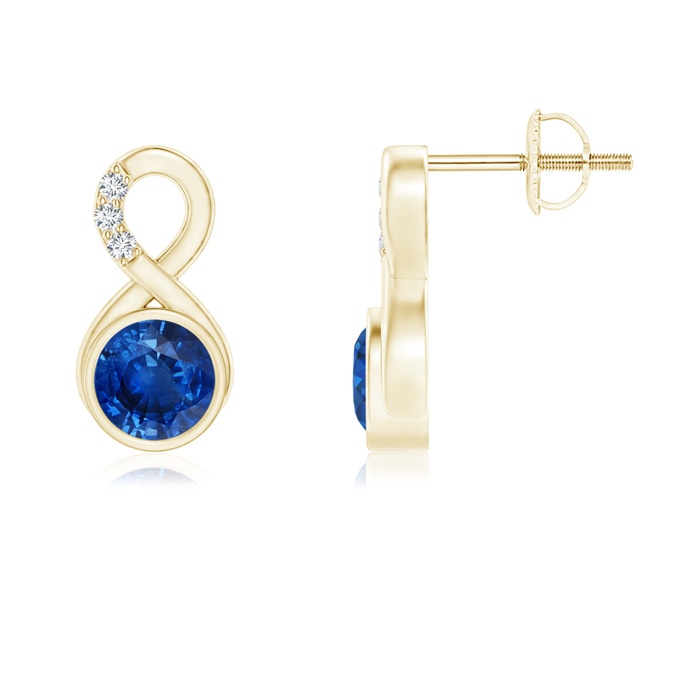 5mm AAA Bezel-Set Sapphire Infinity Stud Earrings with Diamonds in Yellow Gold 