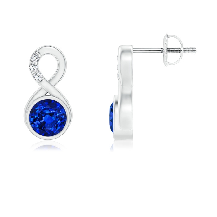 5mm AAAA Bezel-Set Sapphire Infinity Stud Earrings with Diamonds in White Gold 