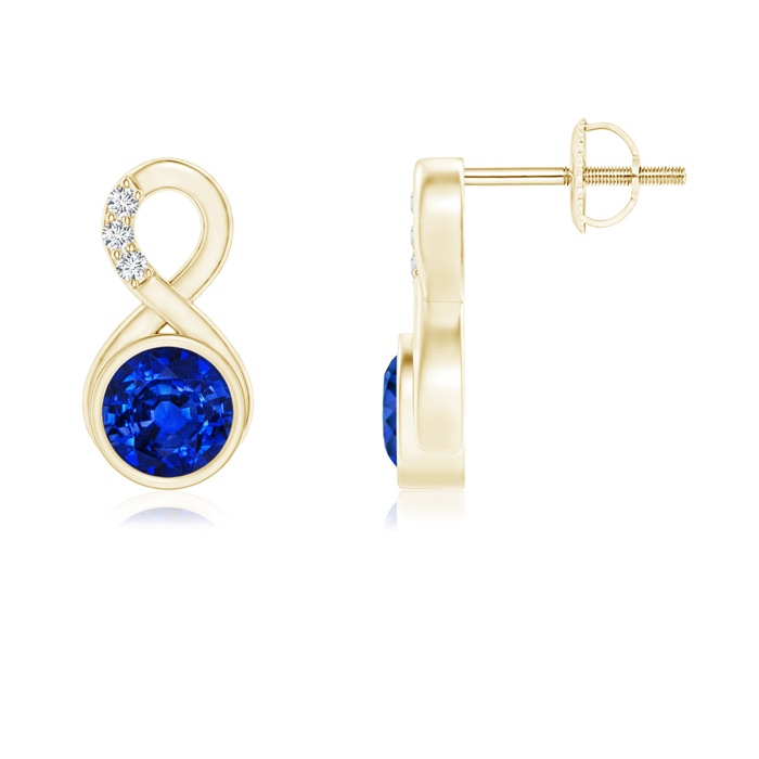5mm AAAA Bezel-Set Sapphire Infinity Stud Earrings with Diamonds in Yellow Gold 