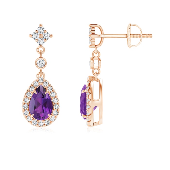 6x4mm AAA Claw-Set Pear Amethyst and Diamond Halo Drop Earrings in Rose Gold