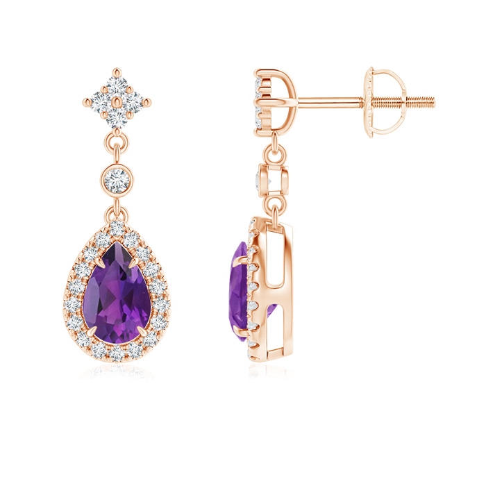 6x4mm AAA Claw-Set Pear Amethyst and Diamond Halo Drop Earrings in Rose Gold 