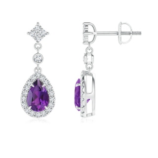 6x4mm AAA Claw-Set Pear Amethyst and Diamond Halo Drop Earrings in White Gold