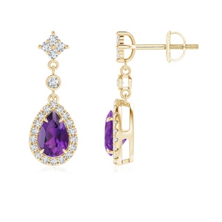 6x4mm AAA Claw-Set Pear Amethyst and Diamond Halo Drop Earrings in Yellow Gold