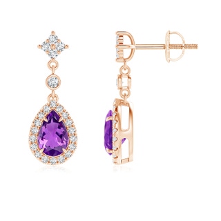 6x4mm AAAA Claw-Set Pear Amethyst and Diamond Halo Drop Earrings in Rose Gold