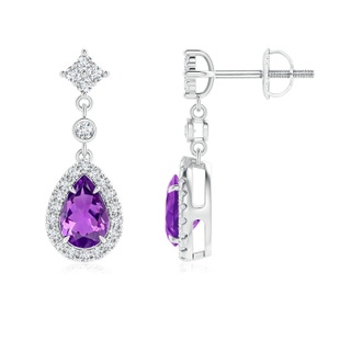 6x4mm AAAA Claw-Set Pear Amethyst and Diamond Halo Drop Earrings in White Gold