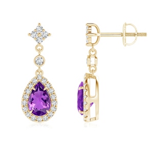 6x4mm AAAA Claw-Set Pear Amethyst and Diamond Halo Drop Earrings in Yellow Gold