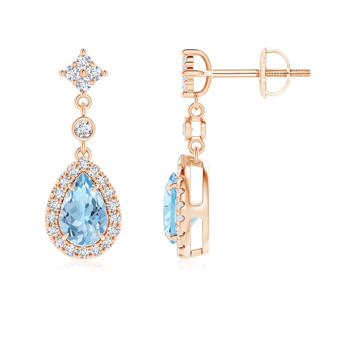 6x4mm AAA Claw-Set Pear Aquamarine and Diamond Halo Drop Earrings in Rose Gold