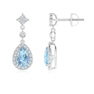 6x4mm AAA Claw-Set Pear Aquamarine and Diamond Halo Drop Earrings in White Gold