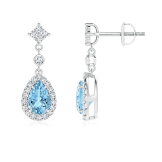 6x4mm AAAA Claw-Set Pear Aquamarine and Diamond Halo Drop Earrings in White Gold