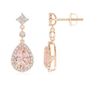 7x5mm AAA Claw-Set Pear Morganite and Diamond Halo Drop Earrings in Rose Gold