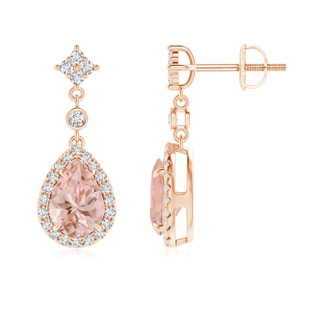 7x5mm AAAA Claw-Set Pear Morganite and Diamond Halo Drop Earrings in Rose Gold