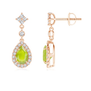 6x4mm A Claw-Set Pear Peridot and Diamond Halo Drop Earrings in 9K Rose Gold