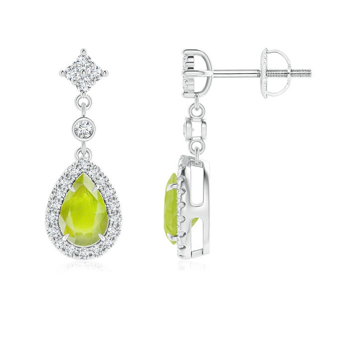 6x4mm A Claw-Set Pear Peridot and Diamond Halo Drop Earrings in P950 Platinum