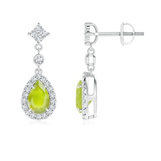 6x4mm A Claw-Set Pear Peridot and Diamond Halo Drop Earrings in P950 Platinum