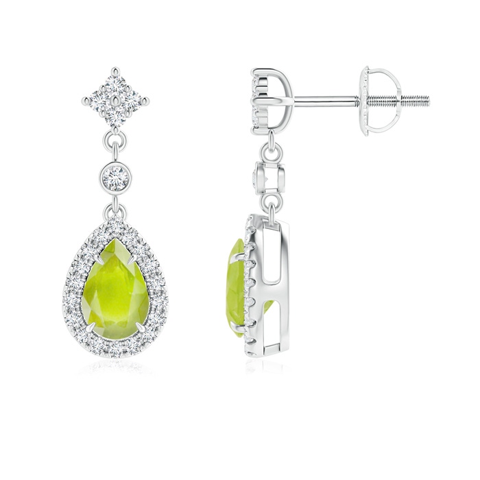 6x4mm A Claw-Set Pear Peridot and Diamond Halo Drop Earrings in P950 Platinum 