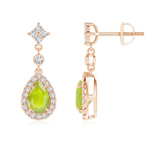 6x4mm A Claw-Set Pear Peridot and Diamond Halo Drop Earrings in Rose Gold