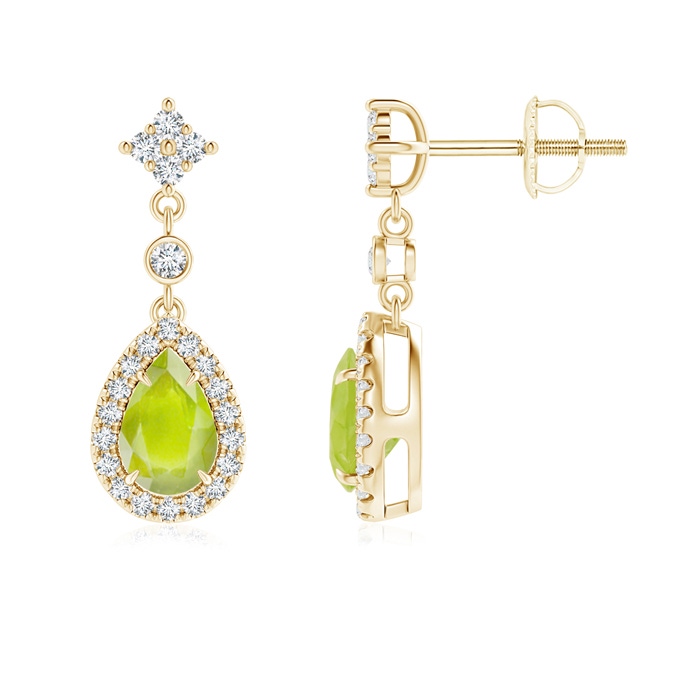 6x4mm A Claw-Set Pear Peridot and Diamond Halo Drop Earrings in Yellow Gold 