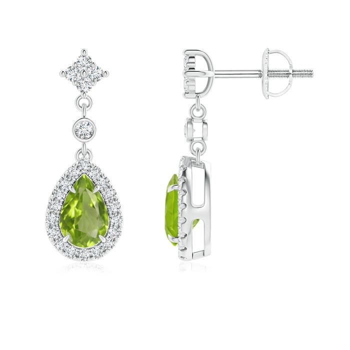6x4mm AA Claw-Set Pear Peridot and Diamond Halo Drop Earrings in P950 Platinum