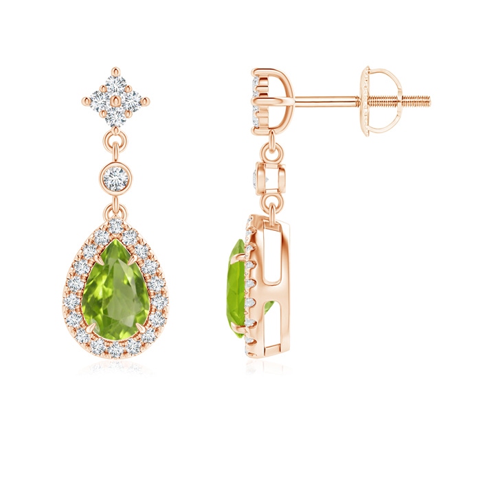 6x4mm AA Claw-Set Pear Peridot and Diamond Halo Drop Earrings in Rose Gold 
