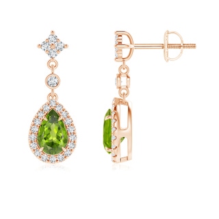 6x4mm AAA Claw-Set Pear Peridot and Diamond Halo Drop Earrings in 9K Rose Gold