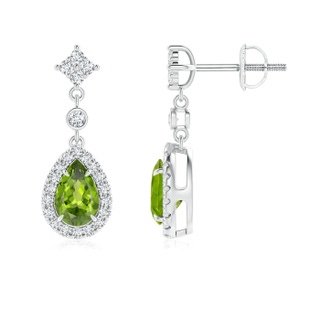 6x4mm AAA Claw-Set Pear Peridot and Diamond Halo Drop Earrings in White Gold