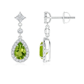 6x4mm AAAA Claw-Set Pear Peridot and Diamond Halo Drop Earrings in 9K White Gold