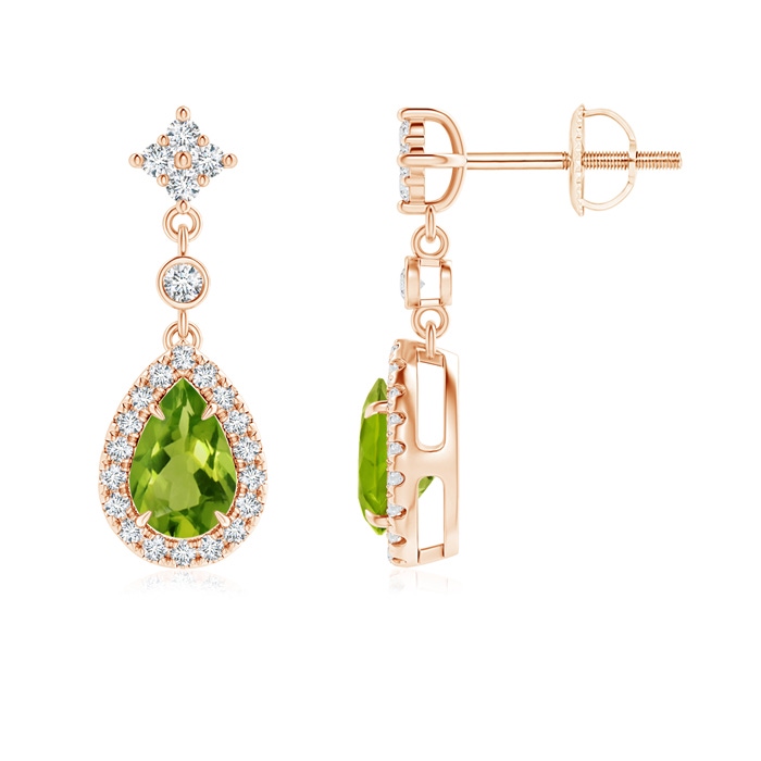 6x4mm AAAA Claw-Set Pear Peridot and Diamond Halo Drop Earrings in Rose Gold