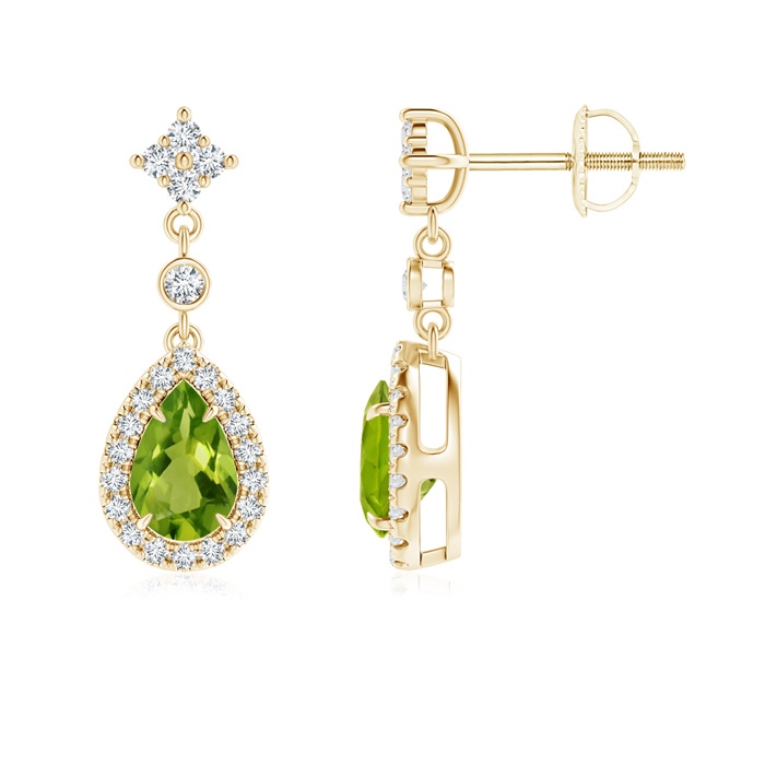 6x4mm AAAA Claw-Set Pear Peridot and Diamond Halo Drop Earrings in Yellow Gold