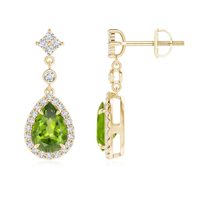 7x5mm AAA Claw-Set Pear Peridot and Diamond Halo Drop Earrings in Yellow Gold 