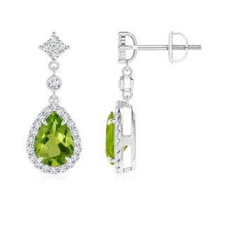 7x5mm AAAA Claw-Set Pear Peridot and Diamond Halo Drop Earrings in P950 Platinum