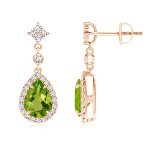 7x5mm AAAA Claw-Set Pear Peridot and Diamond Halo Drop Earrings in Rose Gold