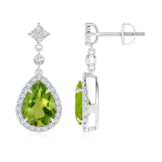 8x6mm AAAA Claw-Set Pear Peridot and Diamond Halo Drop Earrings in P950 Platinum